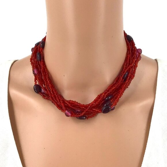 Torsade Necklace Red Beaded Casual Career Adjustable Length - Picture 3 of 4